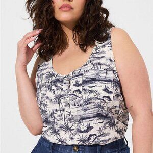 Torrid - Challis Henley Pocket Sleeveless Tank in Navy/White Jungle Toile‌‌